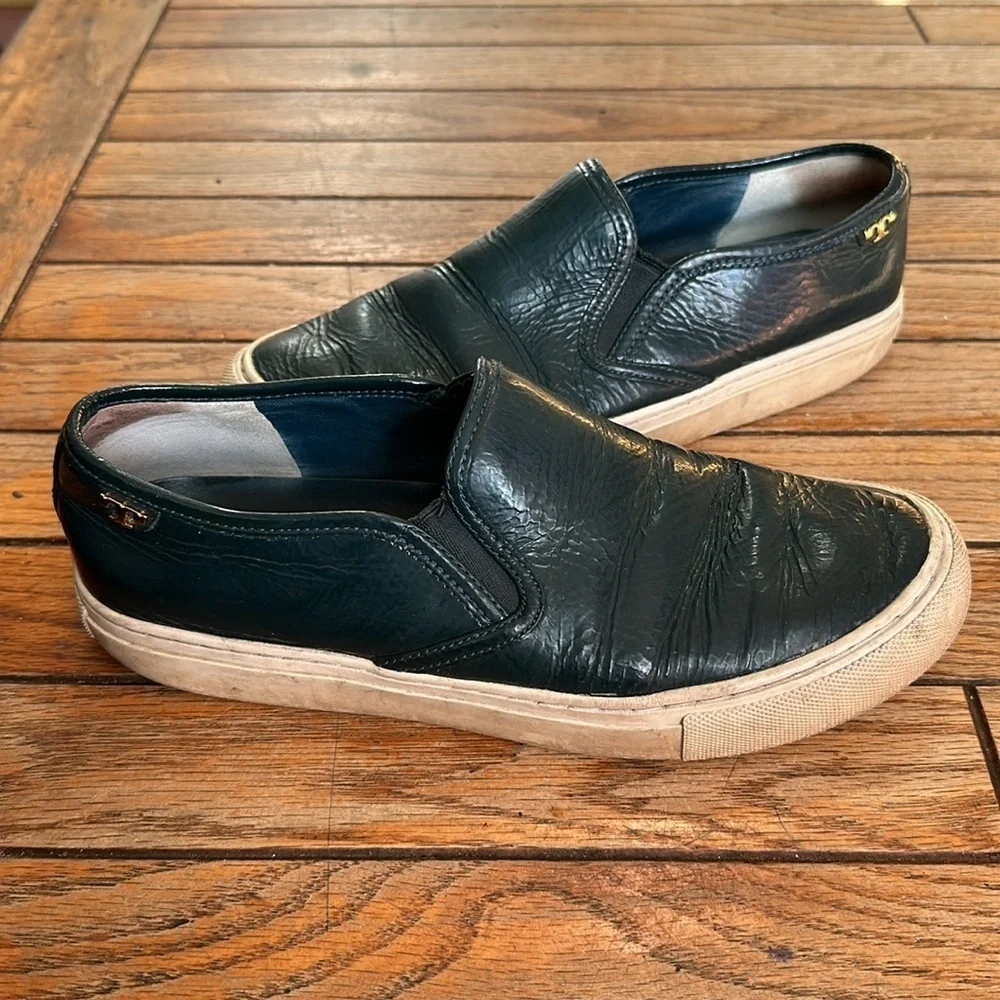 Tory Burch Jesse Black Leather Slip-On Loafer Flat Sneakers with White Size 7.5